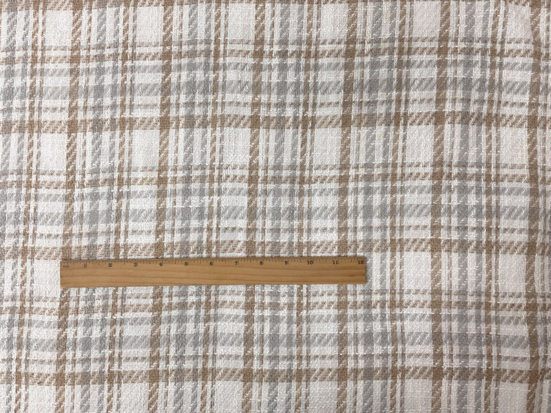 White-Gray-Taupe Poly Plaid Twill Woven Fabric