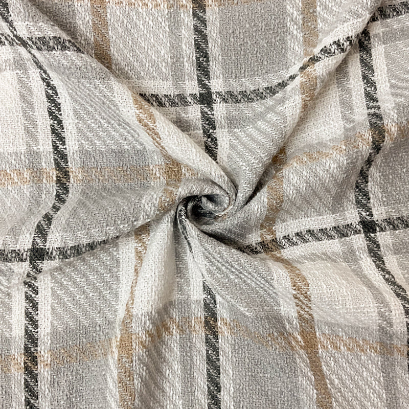 White-Gray-Taupe Poly Plaid Twill Woven Fabric