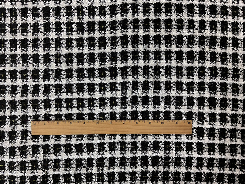 Black-White-Gold Poly Check Tweed Boucle Novelty Woven Fabric