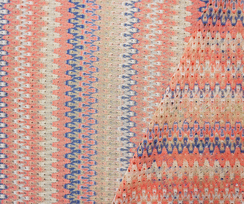 Beige-Coral-Multi Poly Crochet Lace Novelty Knit Fabric