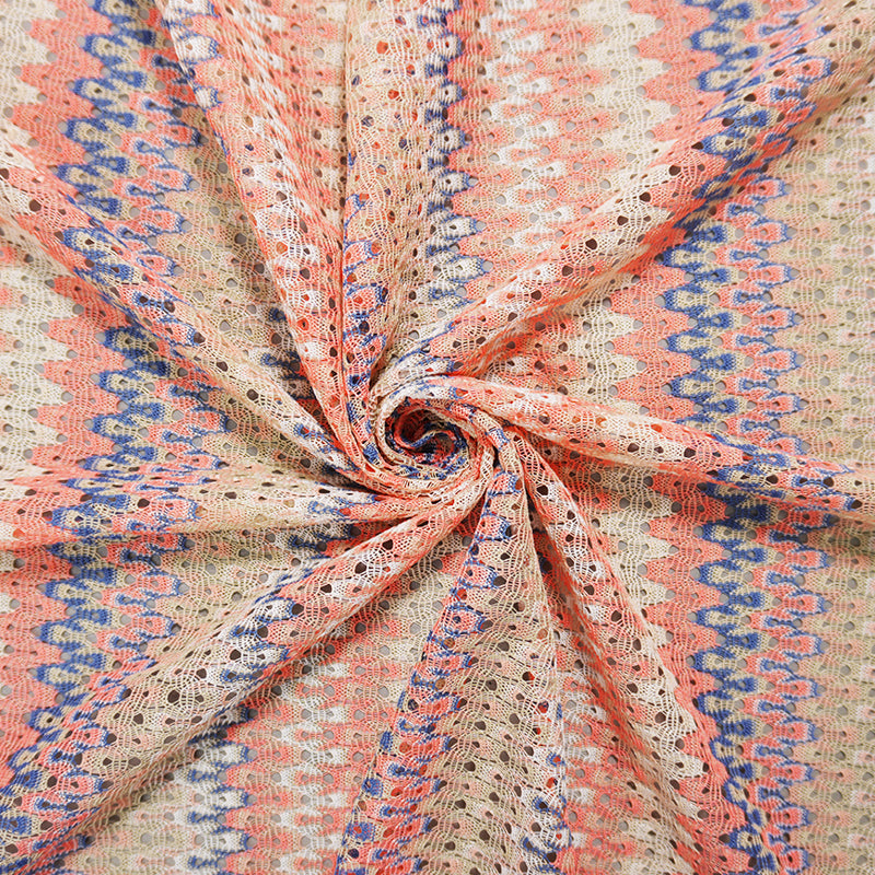 Beige-Coral-Multi Poly Crochet Lace Novelty Knit Fabric