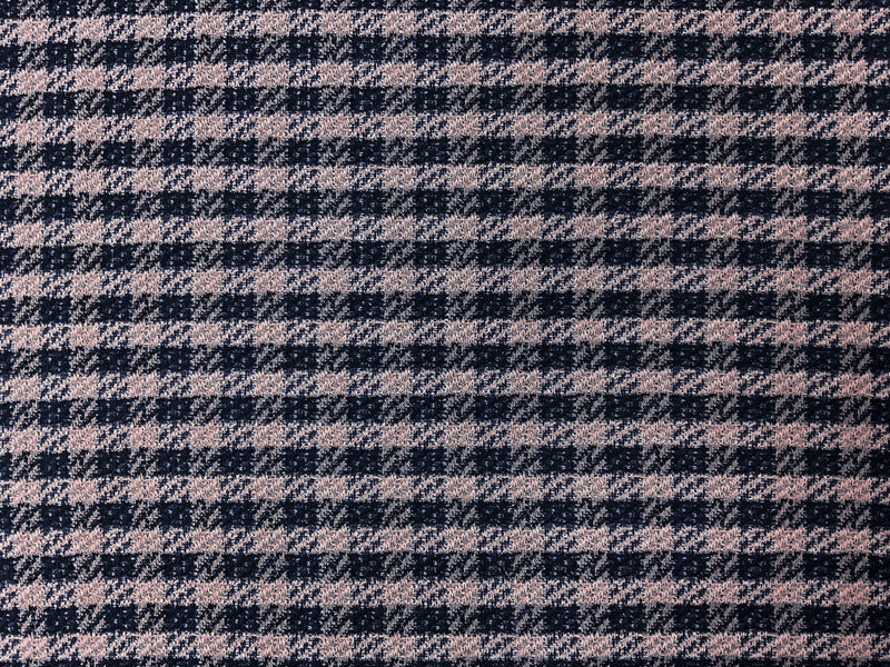 Pink-Navy Poly Cotton Check Boucle Double Knit Fabric