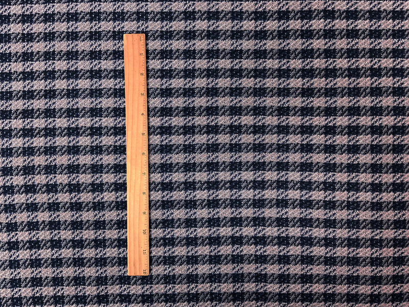 Pink-Navy Poly Cotton Check Boucle Double Knit Fabric