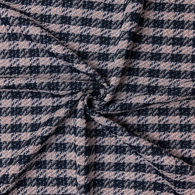 Pink-Navy Poly Cotton Check Boucle Double Knit Fabric