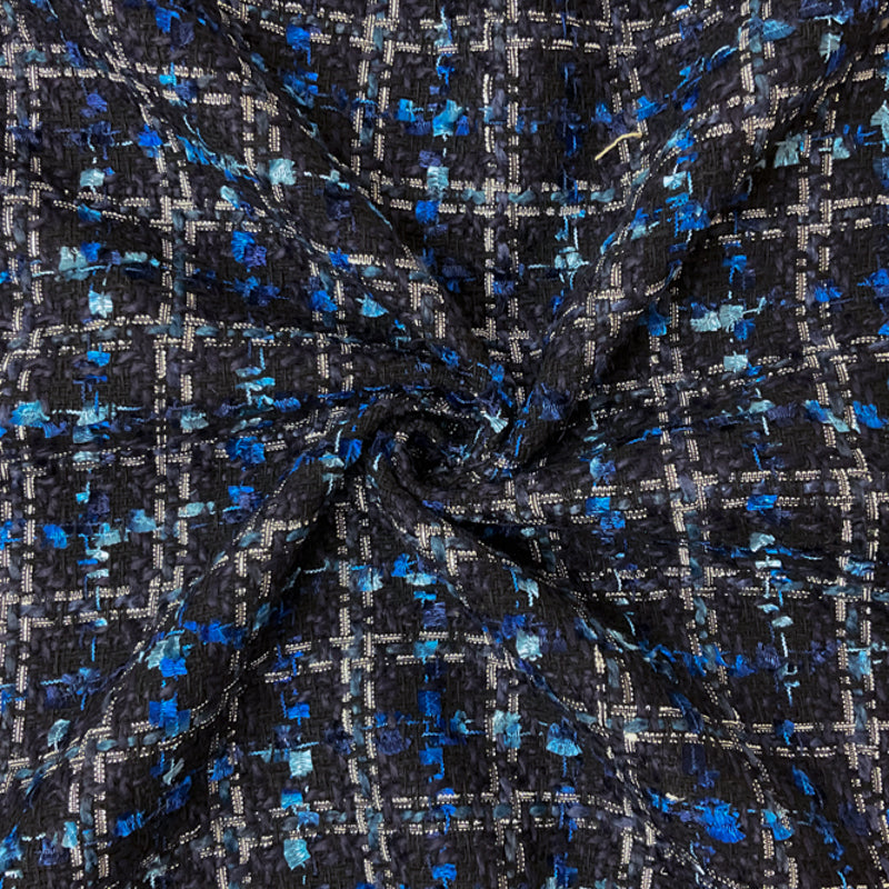 Black-Blue-Multi Poly Check Tweed Boucle Novelty Woven Fabric
