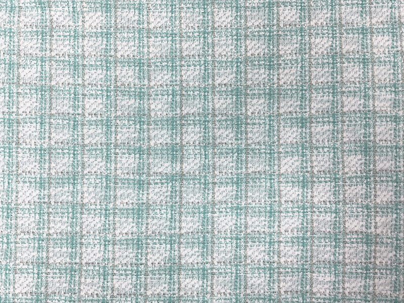 Teal-White-Gold Poly Blend Plaid Boucle Double Knit Fabric