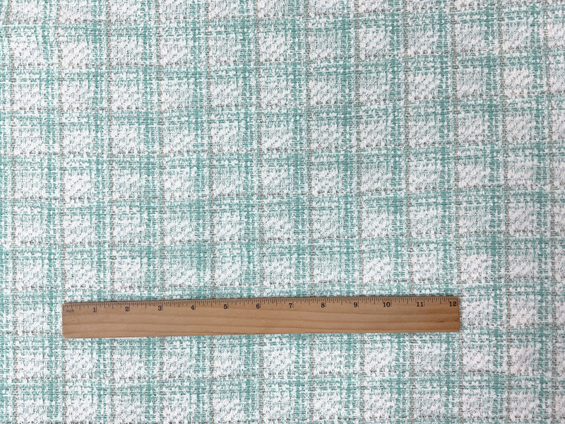 Teal-White-Gold Poly Blend Plaid Boucle Double Knit Fabric