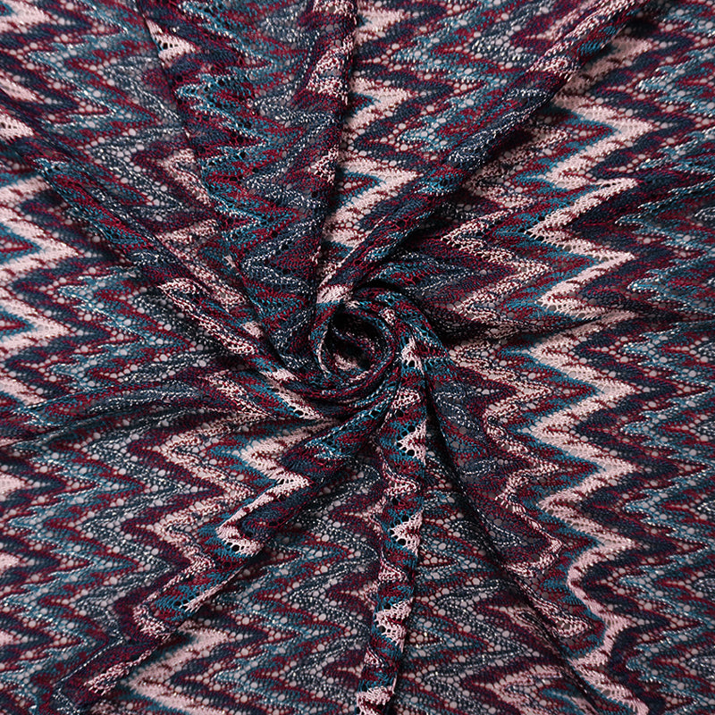 Red-Silver Poly Metallic Chevron Lace Novelty Open Knit Fabric