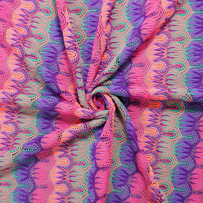 Purple-Multi Poly Abstract Crochet Lace Novelty Knit Fabric