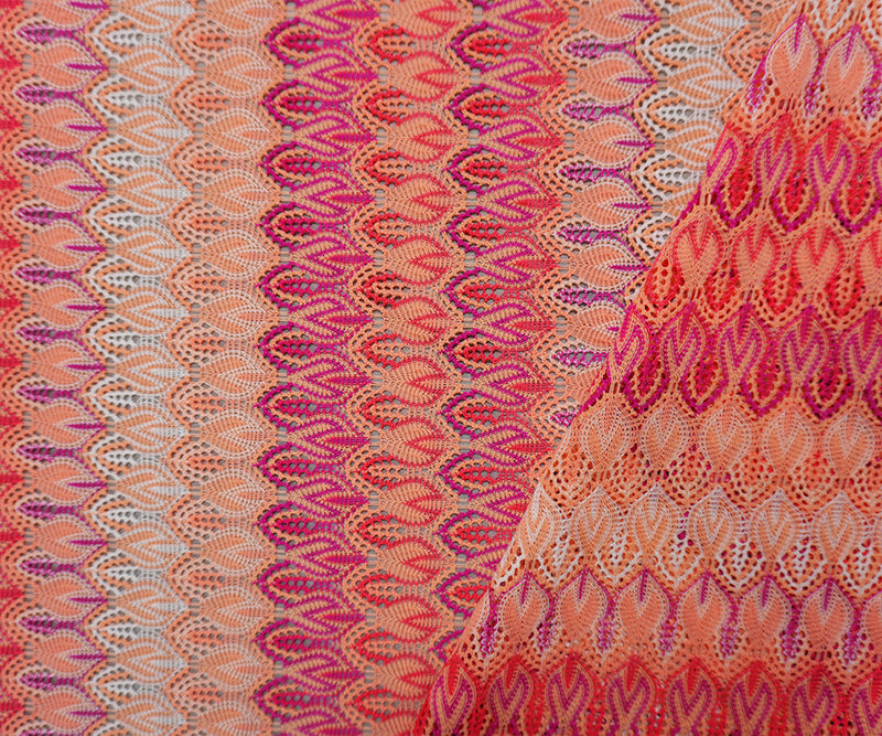 Coral Orange-Pink Poly Ogee Crochet Lace Novelty Knit Fabric