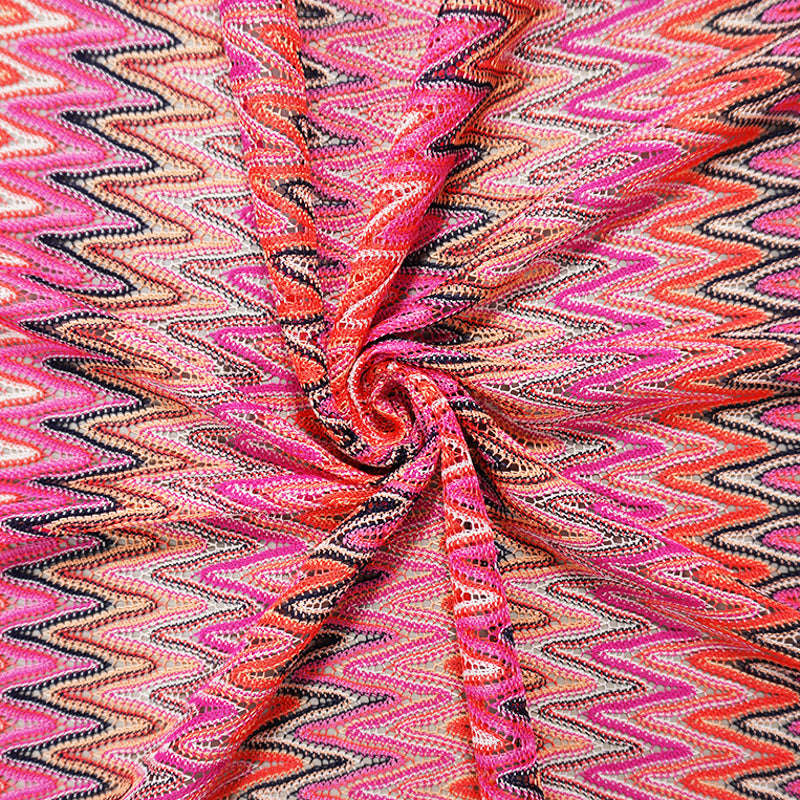 Pink-Multi Poly Chevron Crochet Lace Novelty Open Knit Fabric