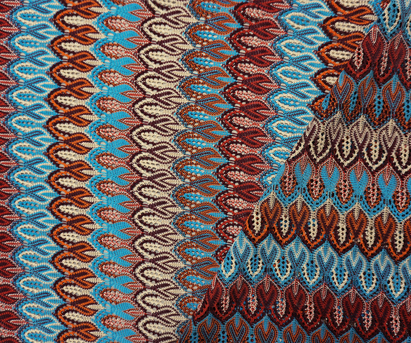 Red-Teal-Multi Poly Ogee Crochet Lace Novelty Knit Fabric
