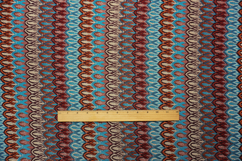 Red-Teal-Multi Poly Ogee Crochet Lace Novelty Knit Fabric