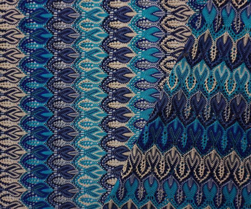 Blue-Turquoise-Beige Poly Ogee Crochet Lace Novelty Knit Fabric