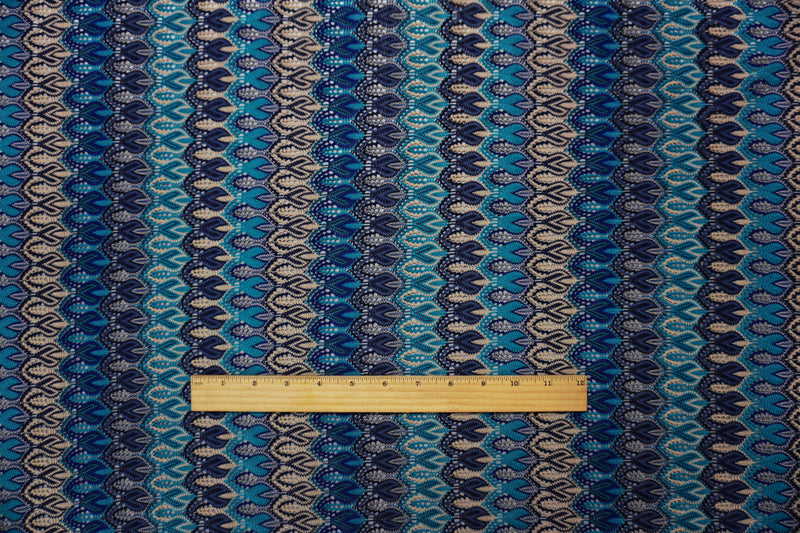 Blue-Turquoise-Beige Poly Ogee Crochet Lace Novelty Knit Fabric
