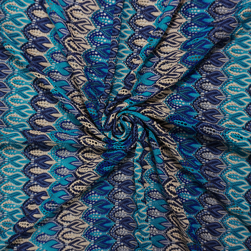 Blue-Turquoise-Beige Poly Ogee Crochet Lace Novelty Knit Fabric