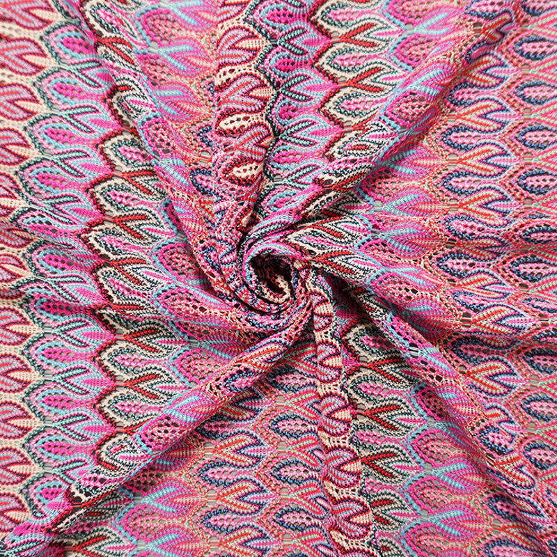 Pink-Blue-Multi Poly Ogee Crochet Lace Novelty Knit Fabric