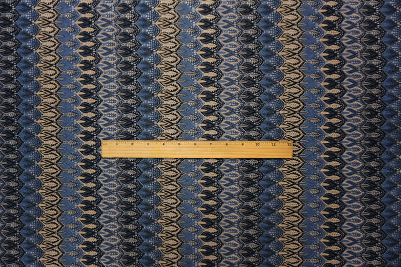 Blue-Beige-Black Poly Ogee Crochet Lace Novelty Knit Fabric