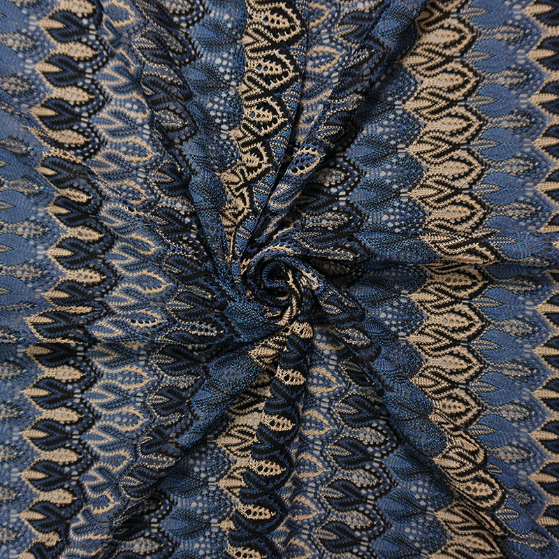 Blue-Beige-Black Poly Ogee Crochet Lace Novelty Knit Fabric