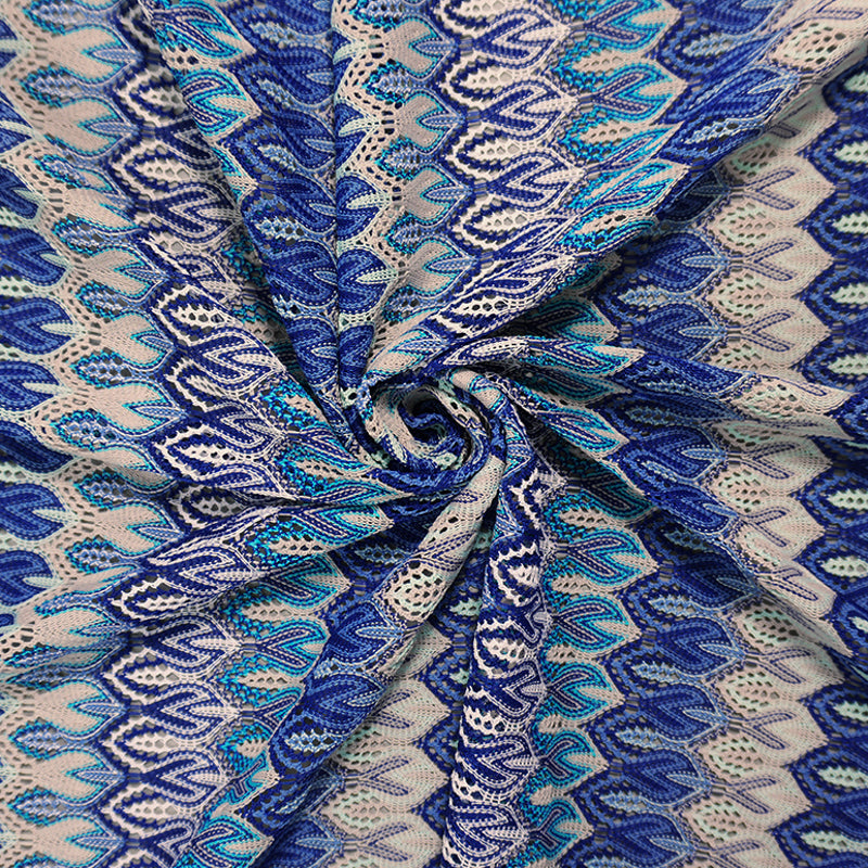 Blue-Beige-Multi Poly Ogee Crochet Lace Novelty Knit Fabric