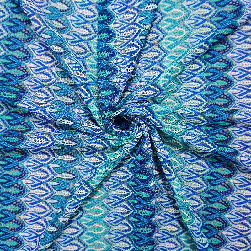 Blue-Green-Teal Poly Ogee Crochet Lace Novelty Knit Fabric