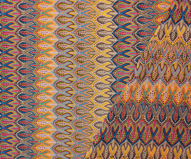 Yellow-Pink-Multi Poly Ogee Crochet Lace Novelty Knit Fabric