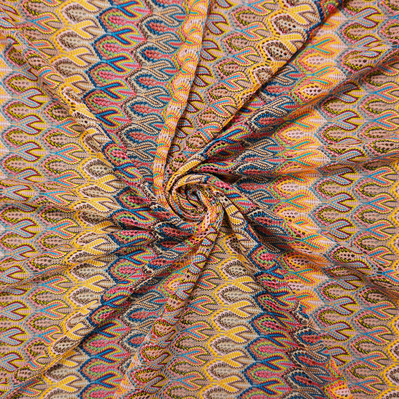 Yellow-Pink-Multi Poly Ogee Crochet Lace Novelty Knit Fabric