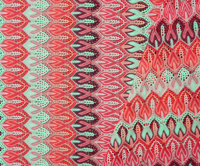 Red-Green-Multi Poly Ogee Crochet Lace Novelty Knit Fabric