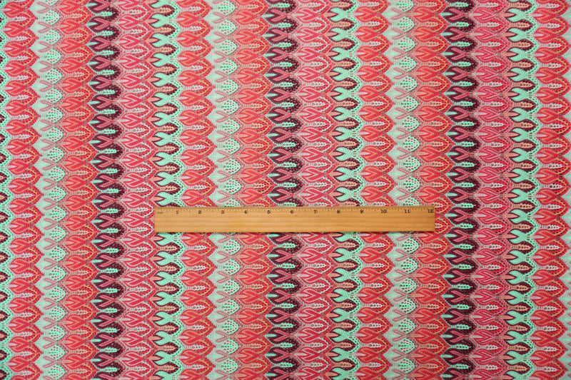 Red-Green-Multi Poly Ogee Crochet Lace Novelty Knit Fabric