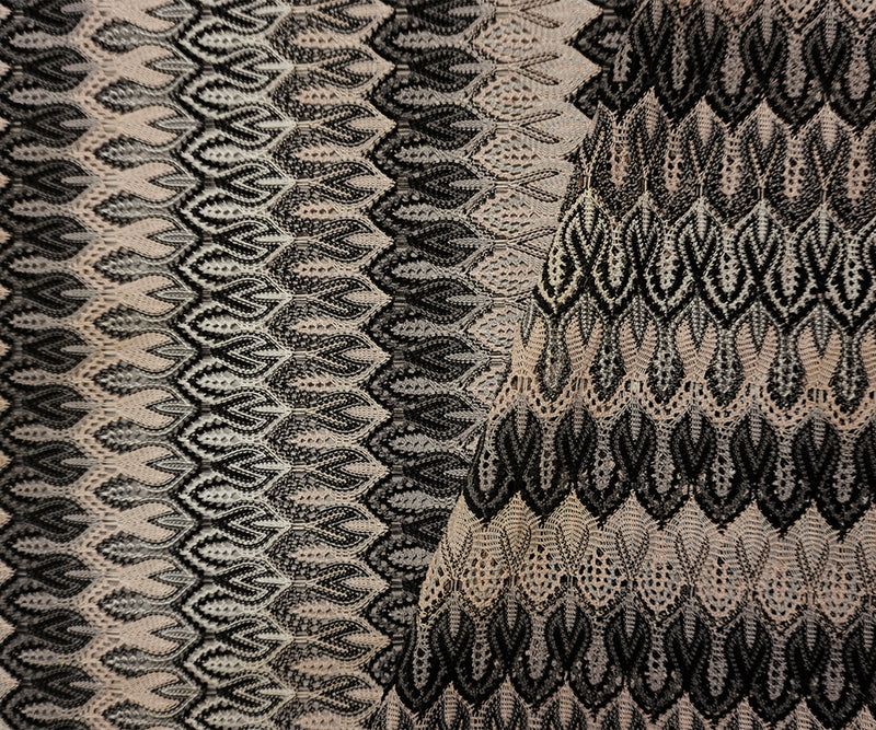 Black-Beige-Gray Poly Ogee Crochet Lace Novelty Knit Fabric