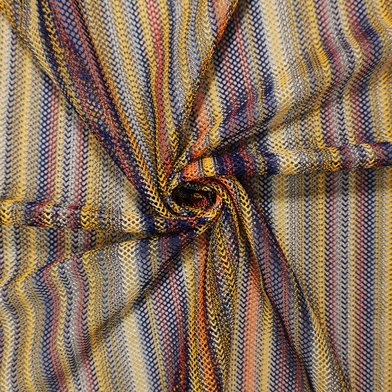 Yellow-Navy-Multi Poly Stripe Crochet Lace Mesh Knit Fabric
