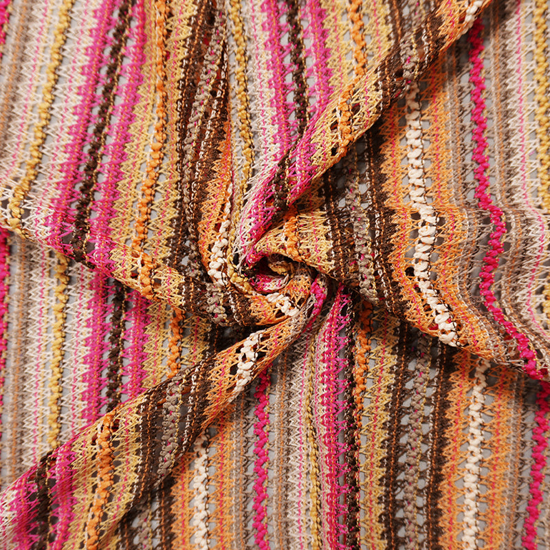 Brown-Orange-Multi Poly Stripe Crochet Lace Novelty Knit Fabric