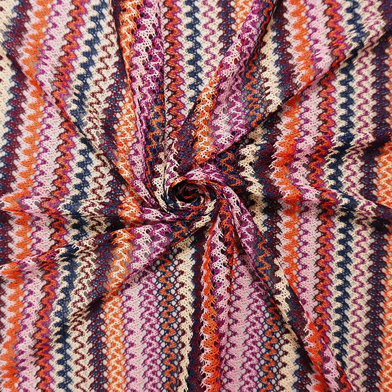 Purple-Navy Poly Stripe Crochet Lace Novelty Open Knit Fabric
