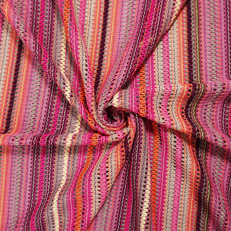 Pink-Multi Poly Stripe Crochet Lace Novelty Knit Fabric