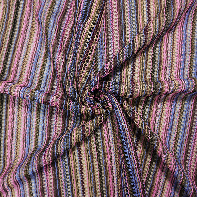 Purple-Brown-Multi Poly Stripe Crochet Lace Novelty Knit Fabric