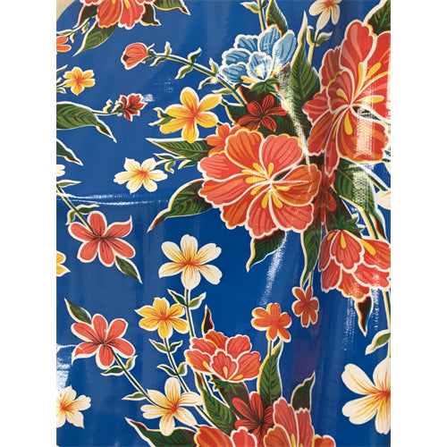 Blue Hibiscus Oilcloth Fabric - Reorderable
