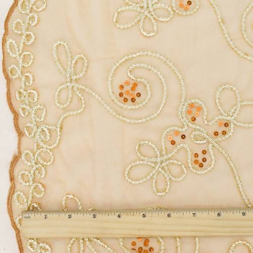 3 3/8 YD PC-Deep Beige/Gold/White Swirl Applique Sequin Scallop Mesh Fabric