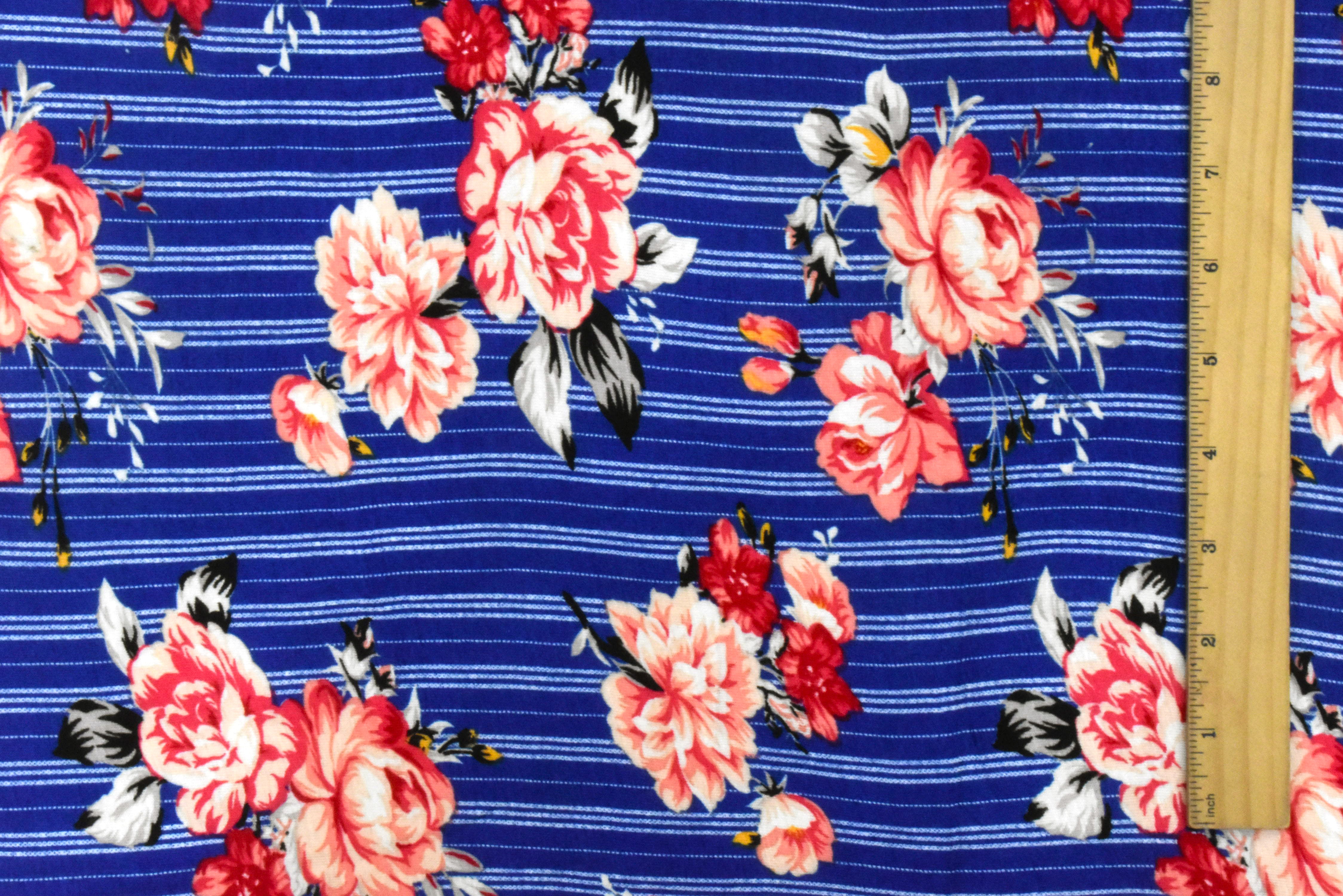 Classic Blue-Red-Multi Floral Stripe Print Rayon Stretch Jersey Knit Fabric