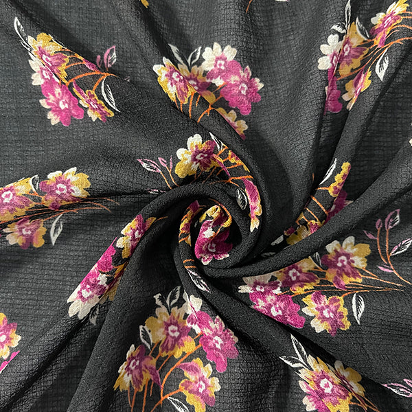 2 1/2 YD PC-Black Floral Ripstop Print Chiffon Fabric