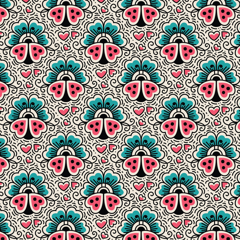 Ladybugs and Flowers Love Ink 3387 Cotton 44”/45” Fabric Per Yard