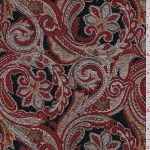 7 1/4 YD PC-Crimson Red/Tan Scroll Chenille Fabric