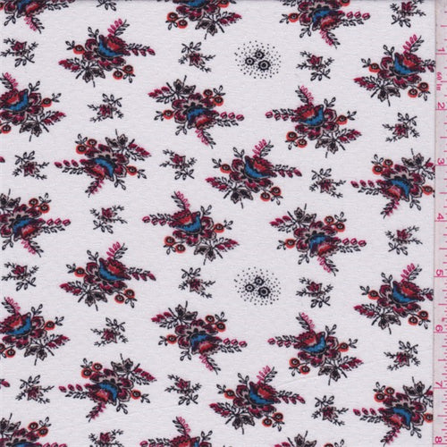 1 3/4 YD PC-White/Maroon Floral Bouquet Leno Jacquard Fabric