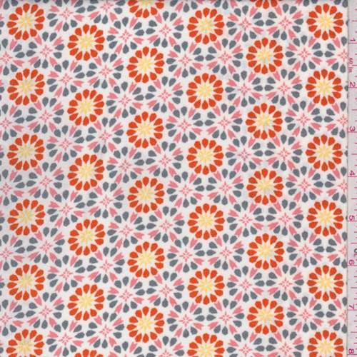 2 1/2 YD PC-White/Coral/Orange Floral Medallion Crepe Fabric