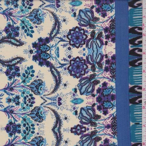 3 YD PC-Cream-Blue Stylized Floral Rayon Challis Fabric