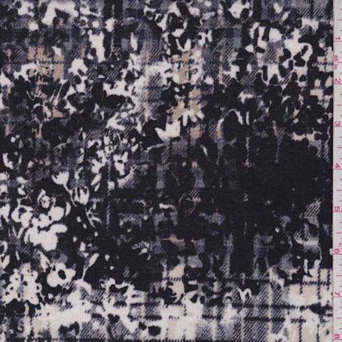 1 1/2 YD PC-Black/Dusty Blue/Beige Plaid Floral Sweater Knit Fabric