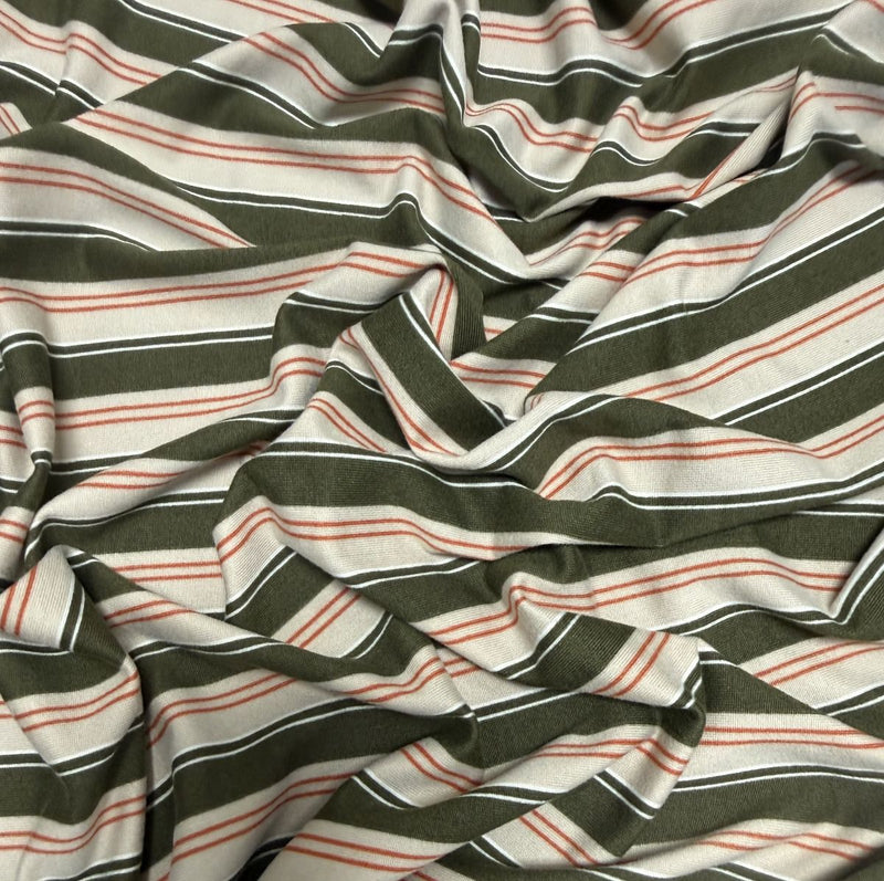 Olive/Beige Stripe Double Brushed Jersey Knit Fabric