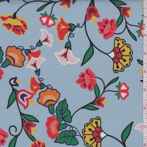 Pearl Blue Stylized Floral Crepe De Chine Fabric
