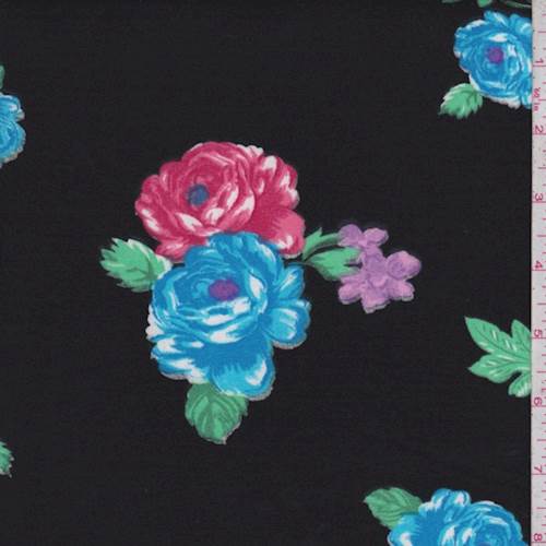 1 3/4 YD PC-Black/Aqua Floral Double Brushed Jersey Knit Fabric