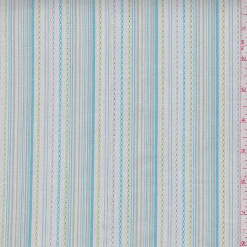 White-Aqua-Lime Embroidered Stripe Cotton Fabric