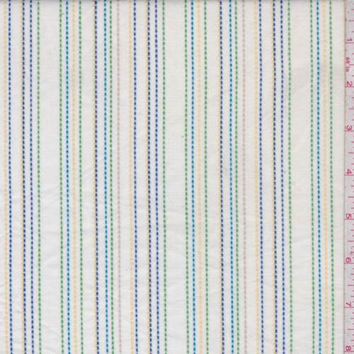 1 YD PC-White/Aqua/Green Embroidered Stripe Cotton Fabric